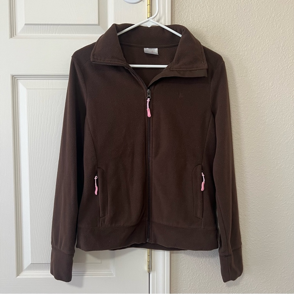 Danskin Now Brown Fleece Zip-Up Jacket with Pink Zipper Detail Women’s Small